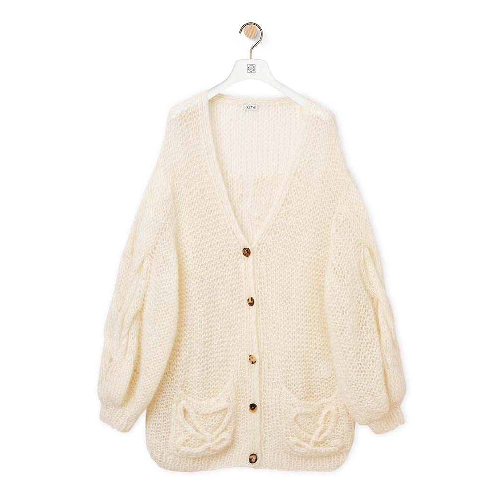 Front view of Loewe Women Anagram Knitted Cardigan in Mohair white
