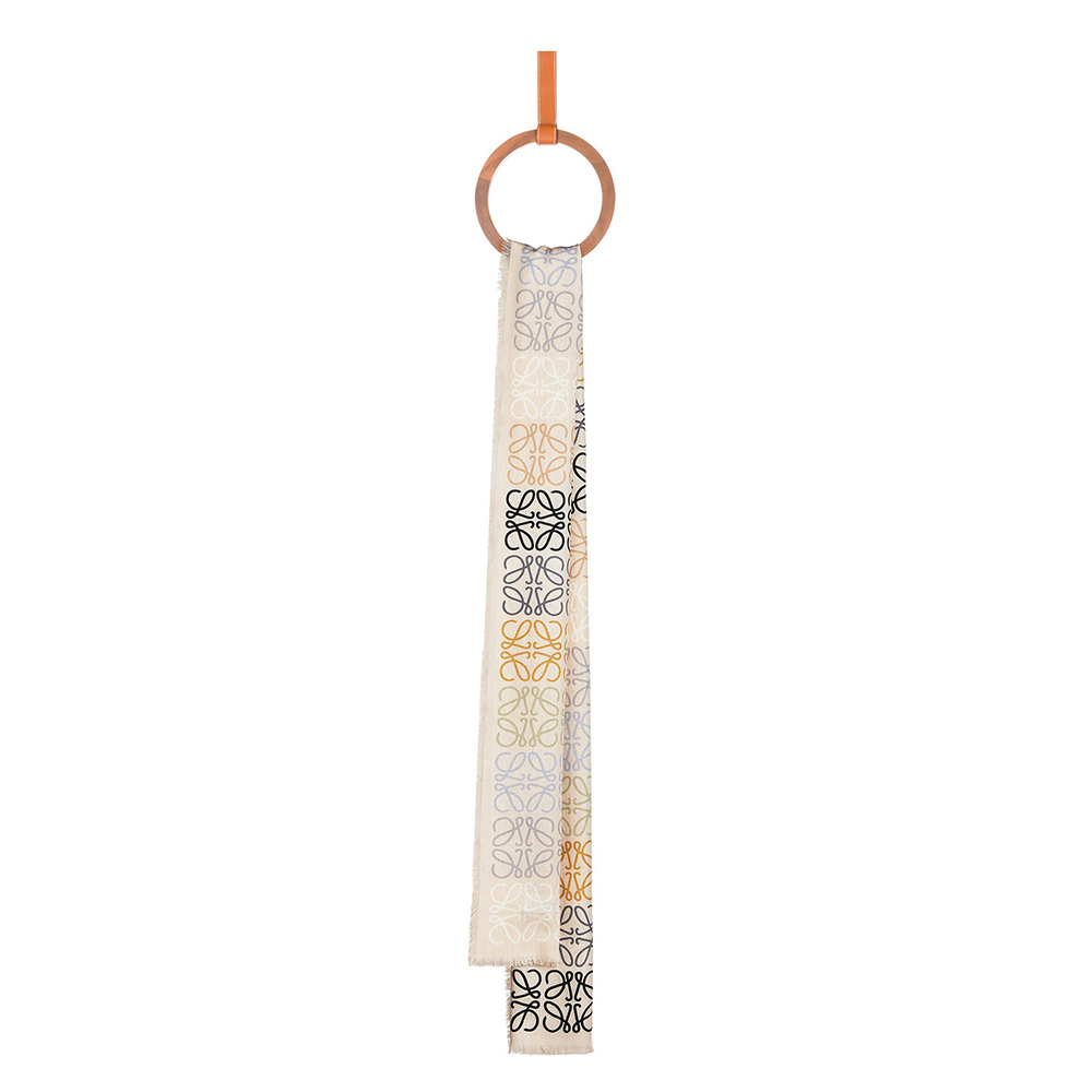 Front view of Loewe Women Anagram Lines Scarf in Wool and Cashmere-White