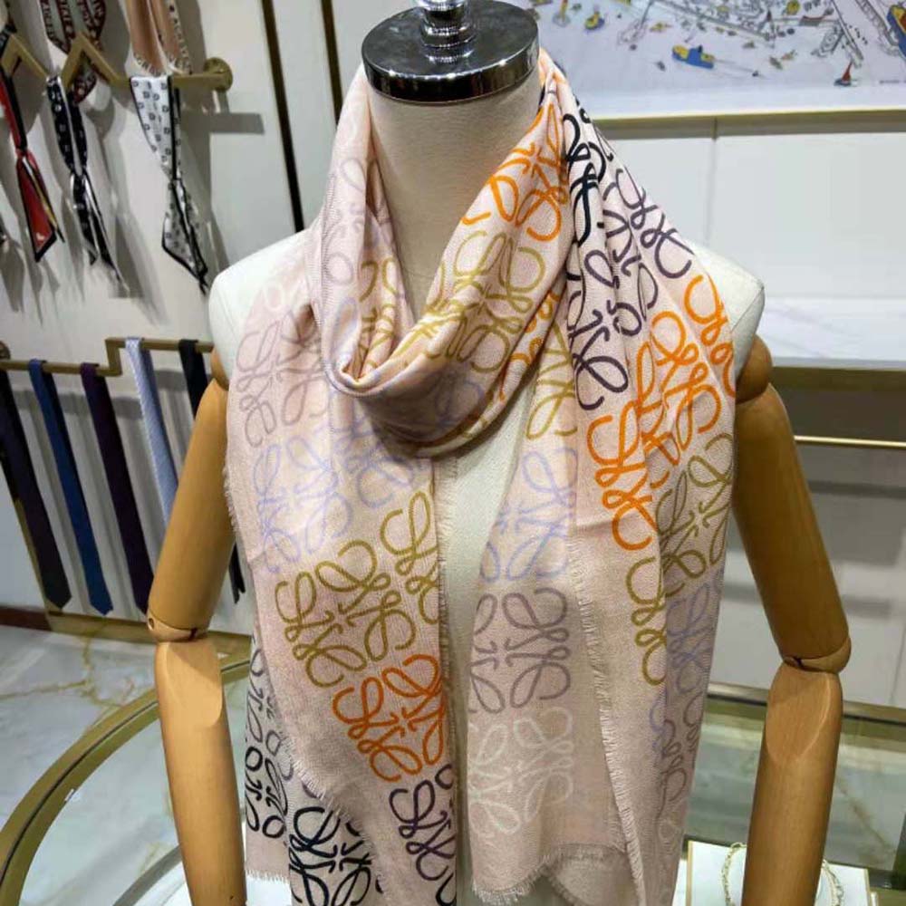 Side angle showing texture of Loewe Women Anagram Lines Scarf in Wool and Cashmere-White