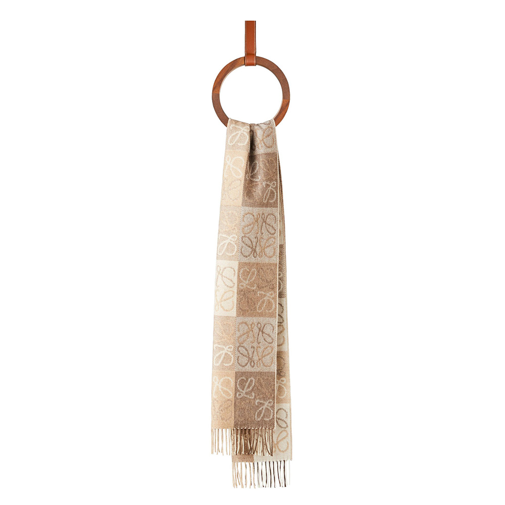Front view of Loewe Women Anagram Scarf in Wool and Cashmere-Beige showing signature detail