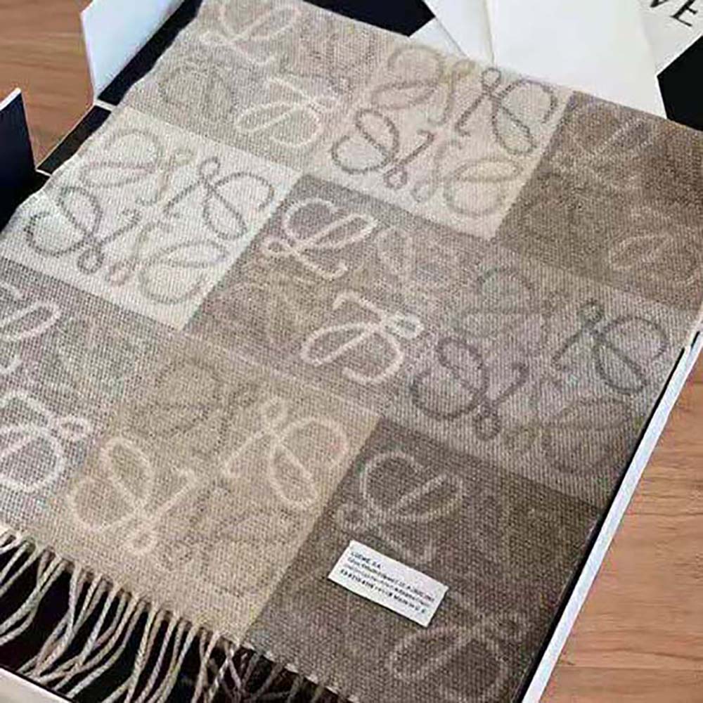 Side profile of Loewe Women Anagram Scarf draped elegantly in beige wool and cashmere blend