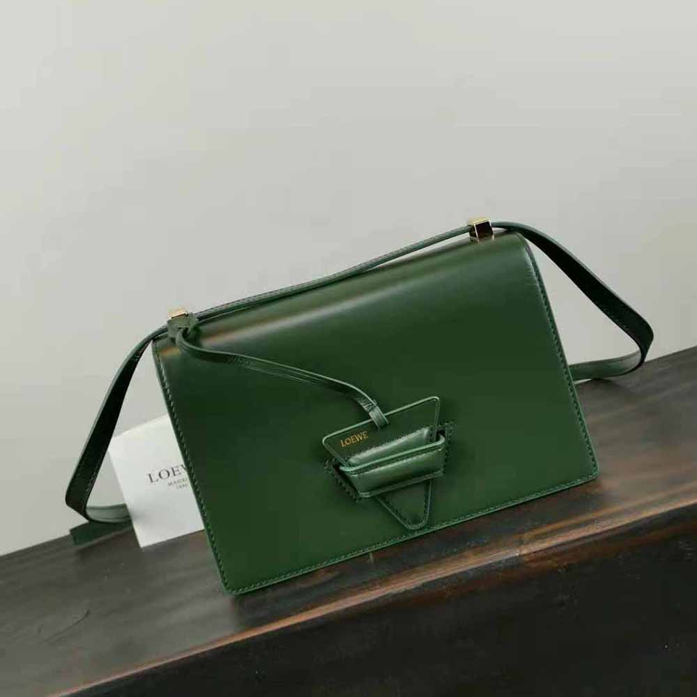Side profile showing smooth green leather on Loewe Women Barcelona Bag