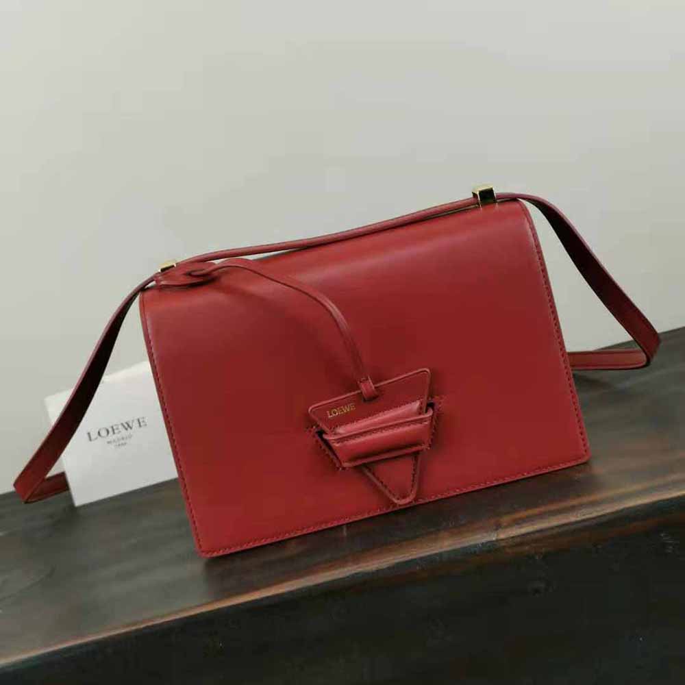 Side profile showing structured silhouette of Loewe Women Barcelona Bag in Silk Calfskin-Maroon