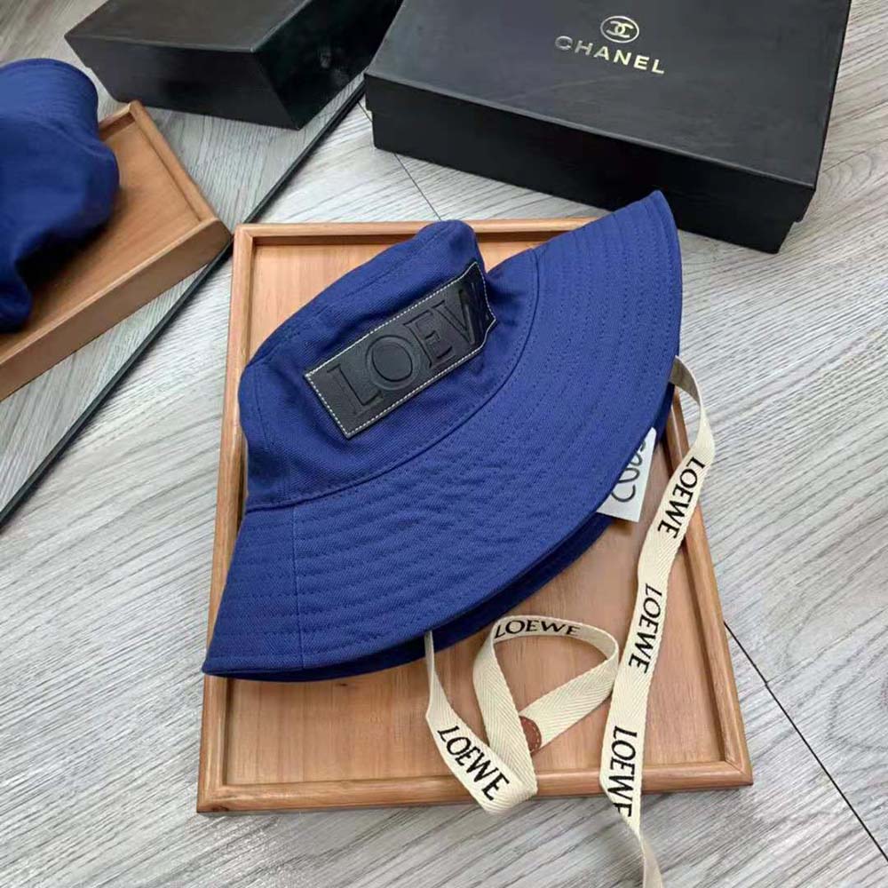 Side profile showing structured brim of Loewe Women Fisherman Hat navy