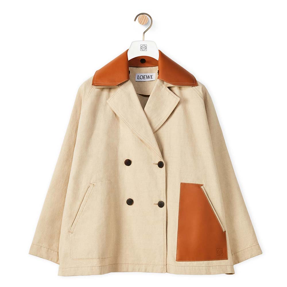 Front view of Loewe Women Trapeze Peacoat in brown cotton and linen