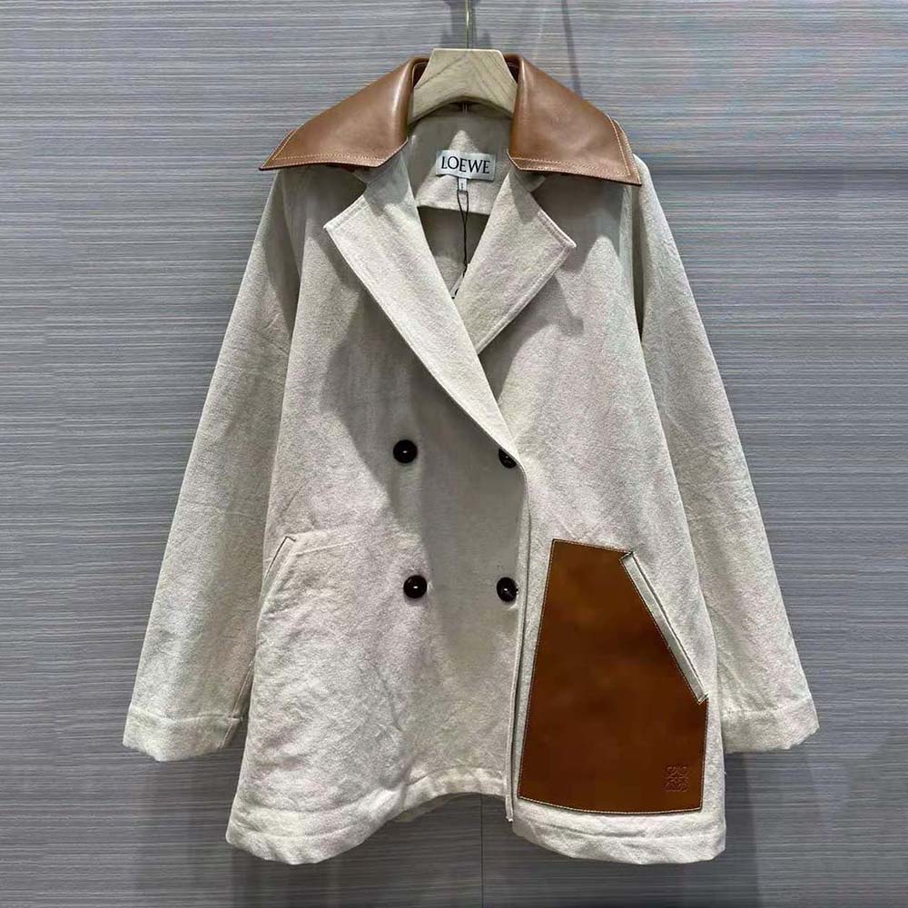 Close-up of button and fabric texture on Loewe Women Trapeze Peacoat