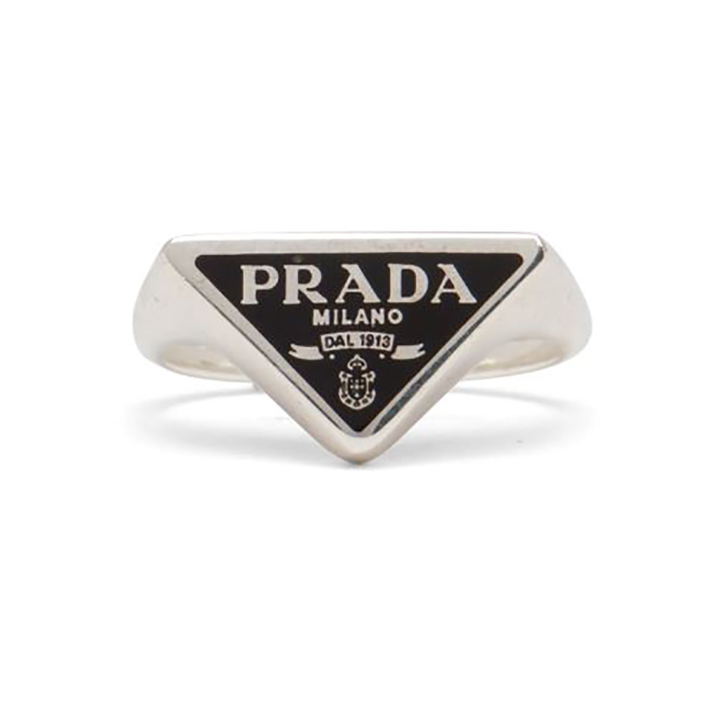 Close-up of Prada Women 925 Sterling Silver with Enamel Symbole Ring black enamel detail