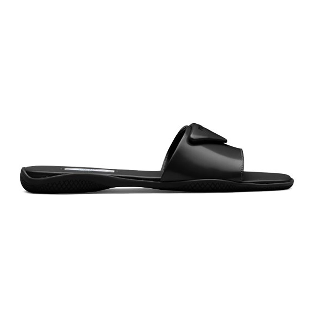 Side angle of Prada Women Brushed Leather Slides Triangle Logo-Black