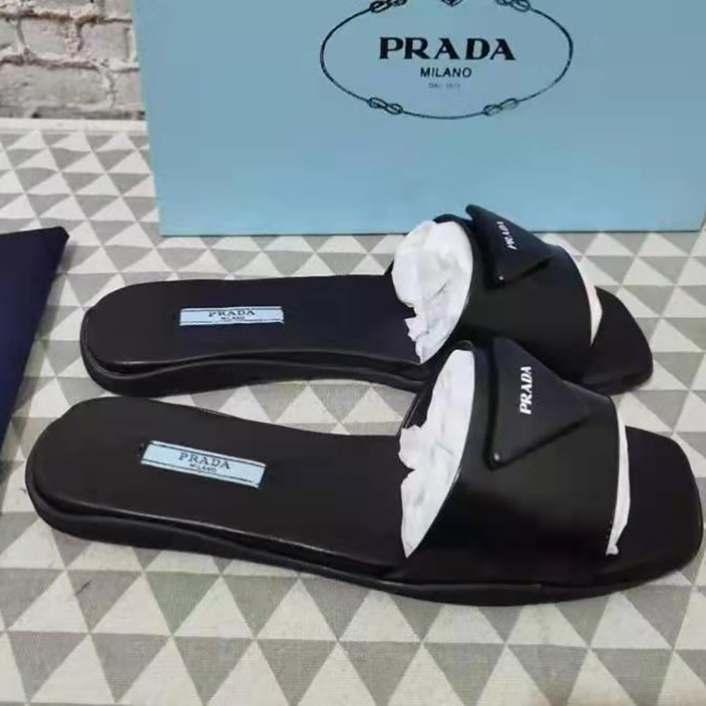 Prada Women Brushed Leather Slides Triangle Logo-Black - image 4