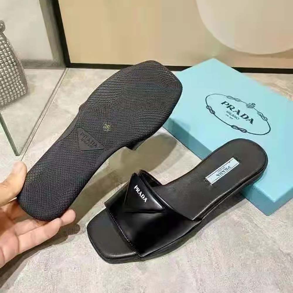 Top view showcasing open-toe design of Prada Women Brushed Leather Slides