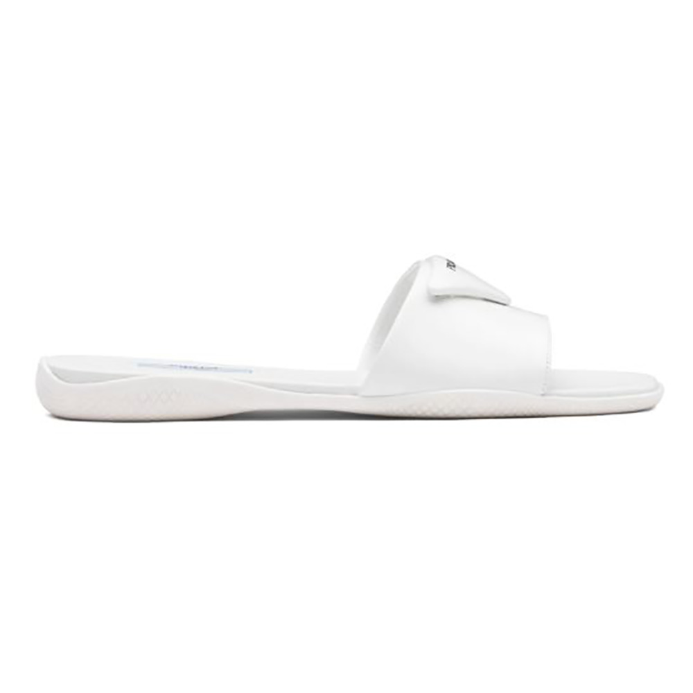 Side angle of Prada Women Brushed Leather Slides Triangle Logo-White