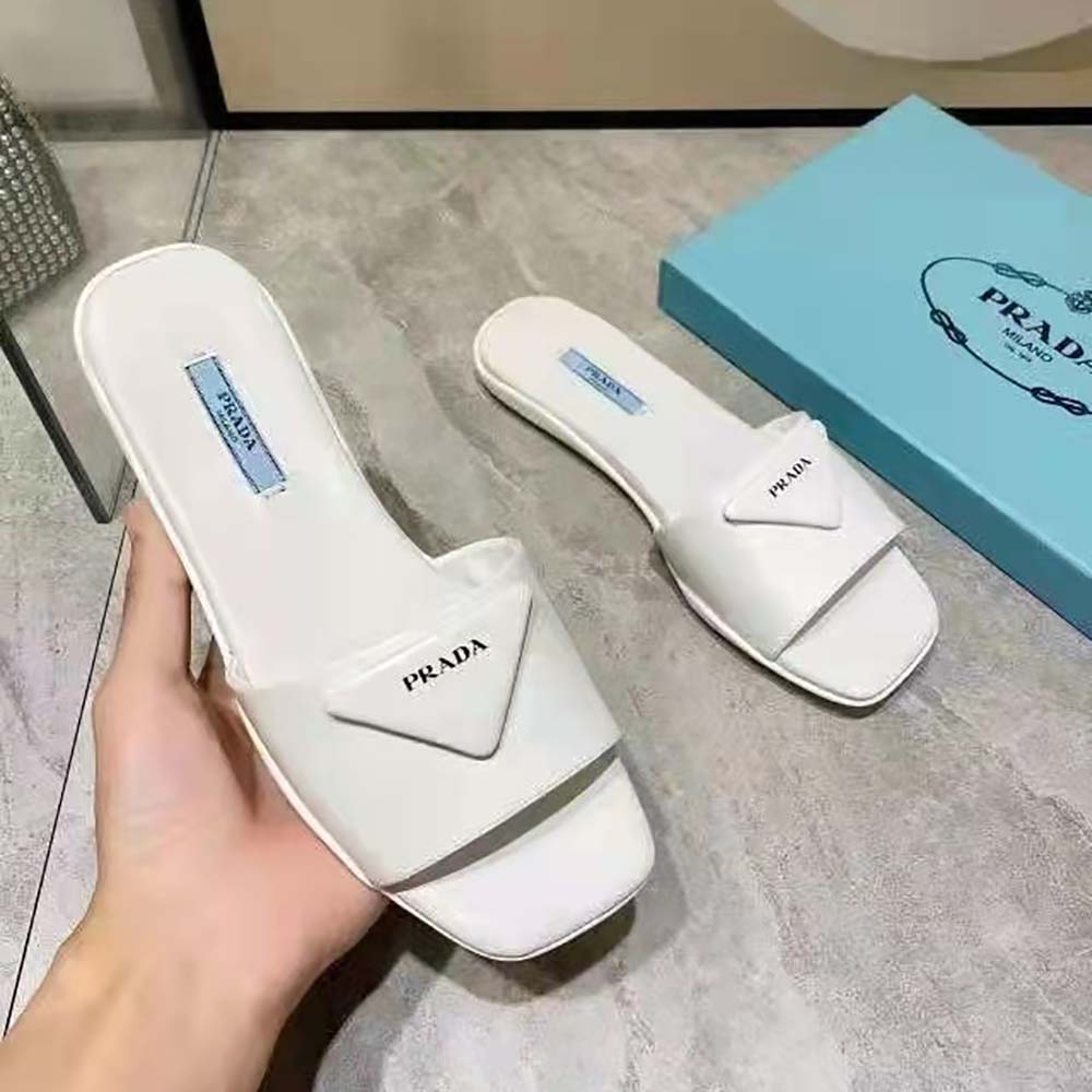 Prada Women Brushed Leather Slides Triangle Logo-White - image 4