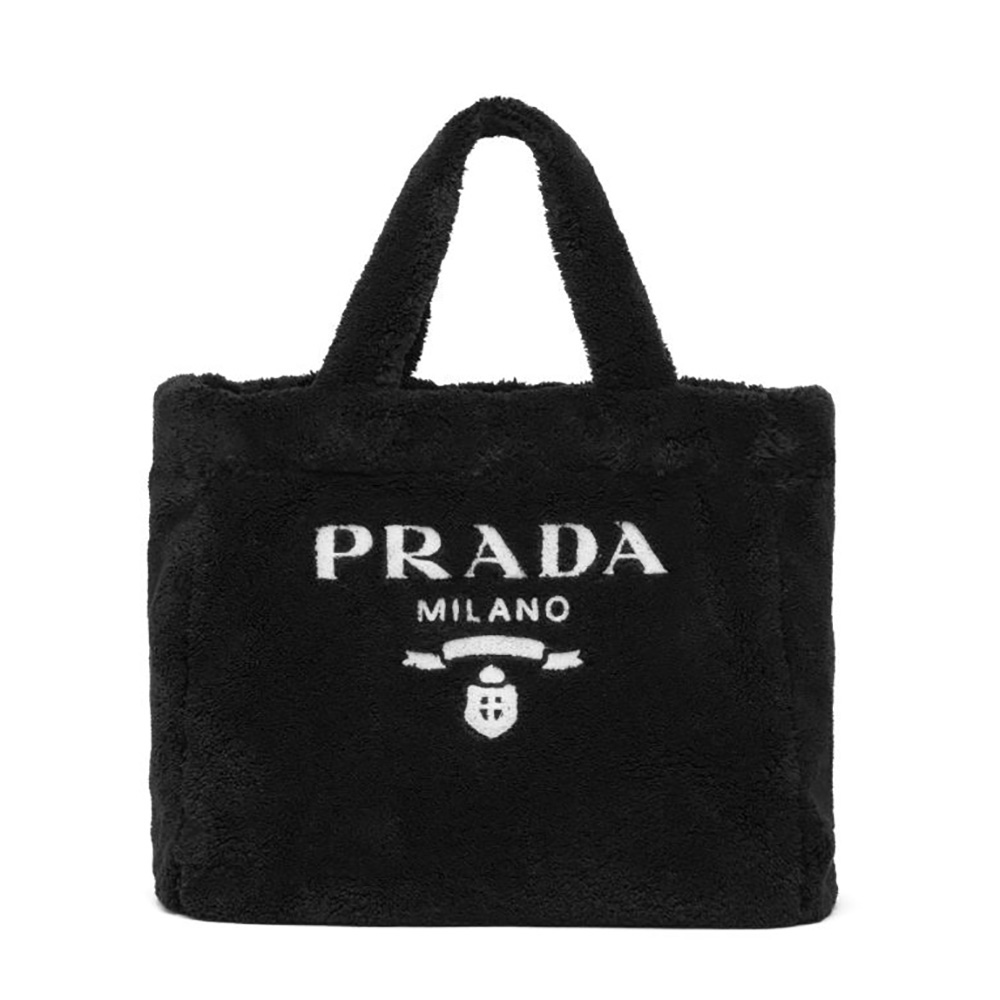 Front view of Prada Women Enameled Metal Triangle Logo Terry Tote Bag-Black