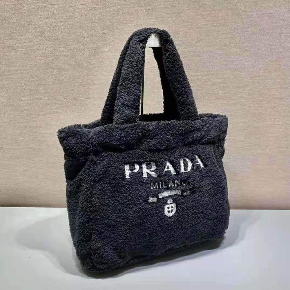 Prada Women Enameled Metal Triangle Logo Terry Tote Bag-Black - image 4