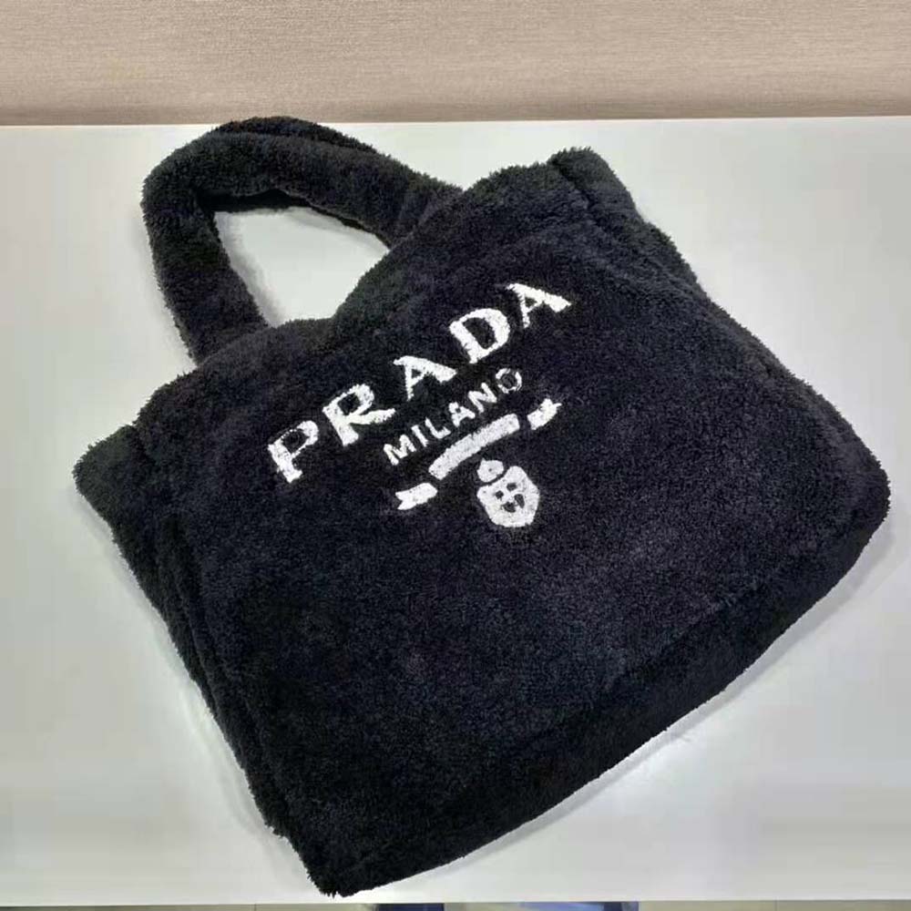 Prada Women Enameled Metal Triangle Logo Terry Tote Bag-Black - image 5