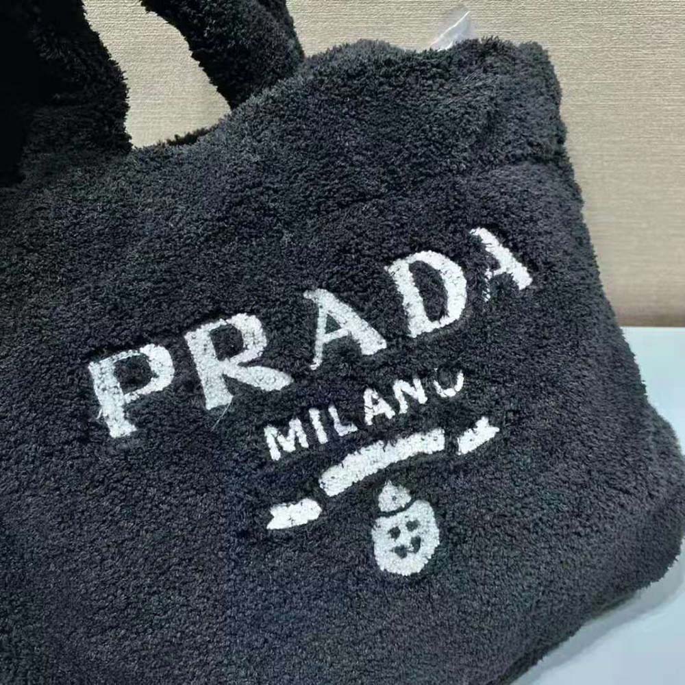 Prada Women Enameled Metal Triangle Logo Terry Tote Bag-Black - image 7