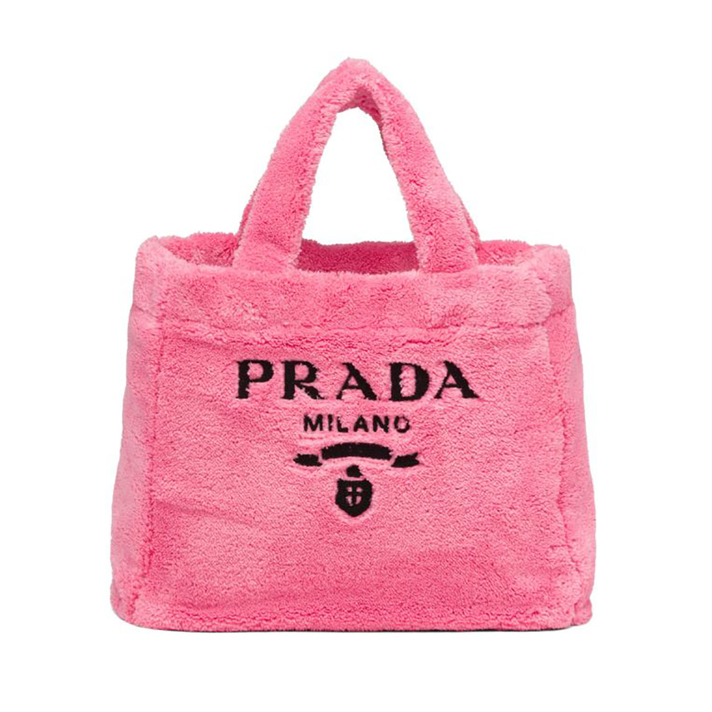 Front angle of Prada Women Enameled Metal Triangle Logo Terry Tote Bag-Pink