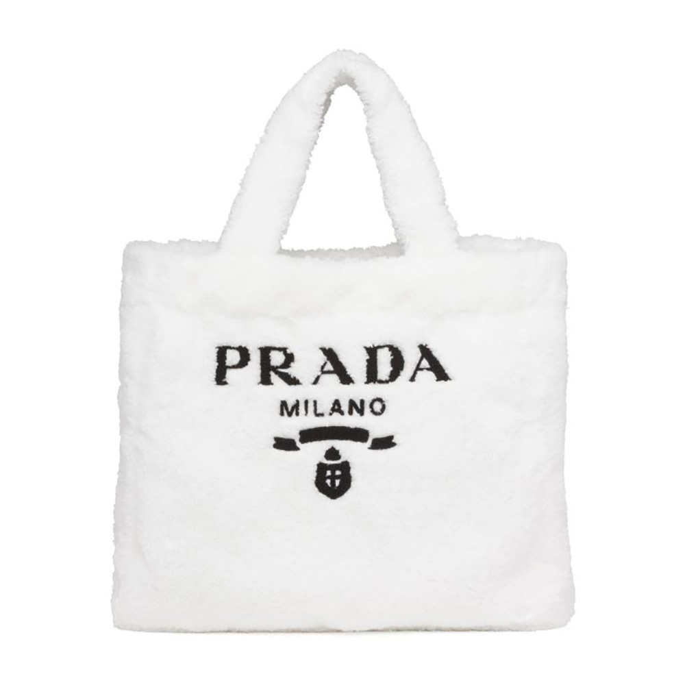 Front view of Prada Women Enameled Metal Triangle Logo Terry Tote Bag-White