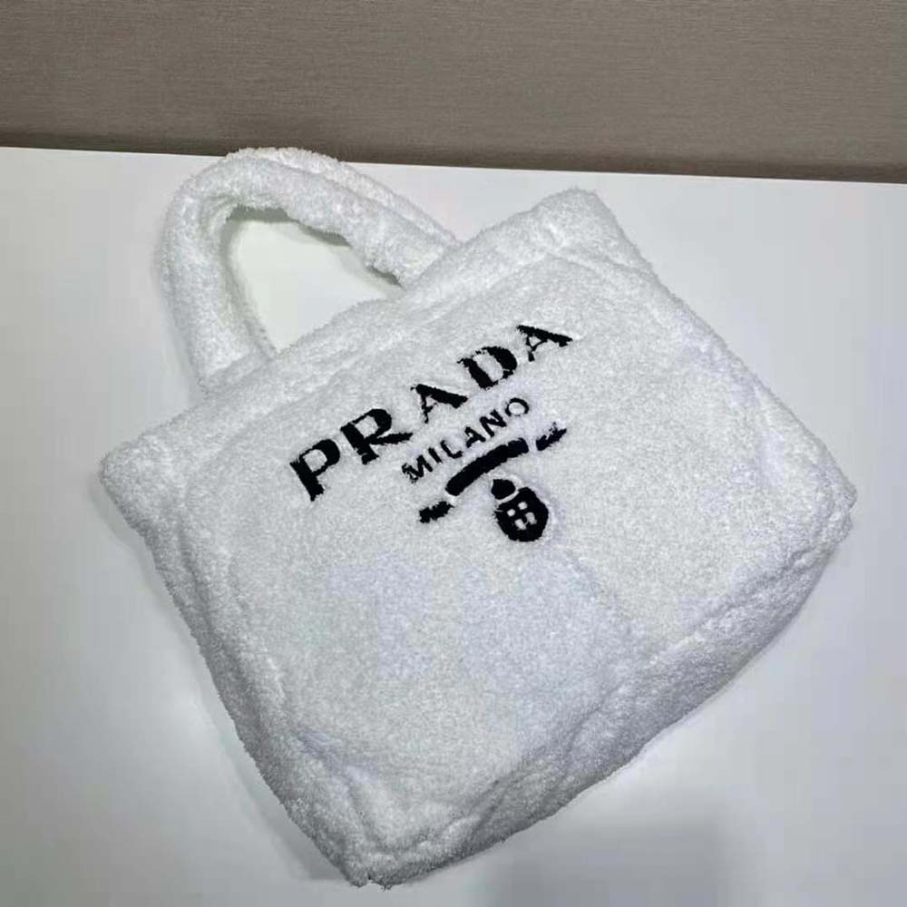 Prada Women Enameled Metal Triangle Logo Terry Tote Bag-White - image 5