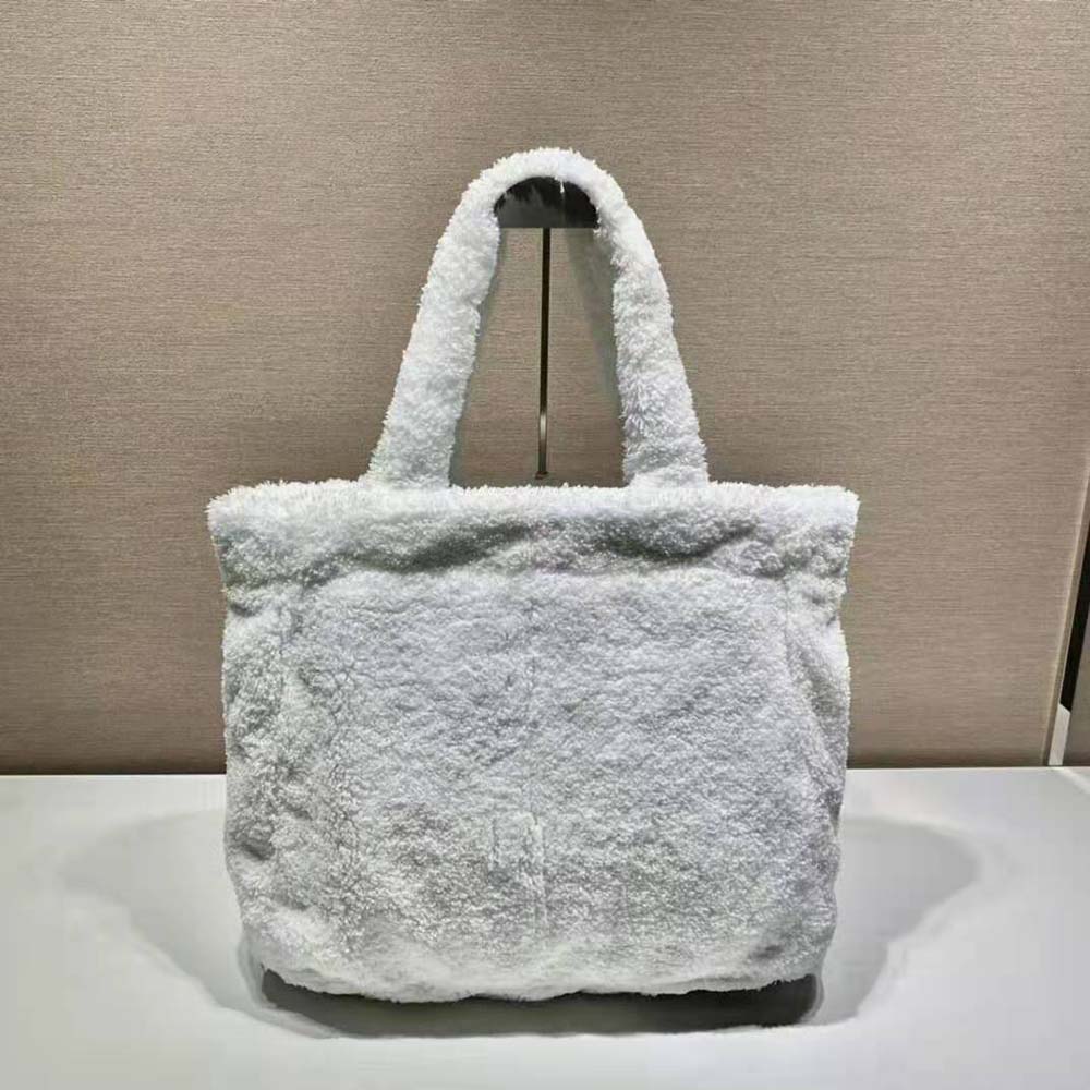 Prada Women Enameled Metal Triangle Logo Terry Tote Bag-White - image 4