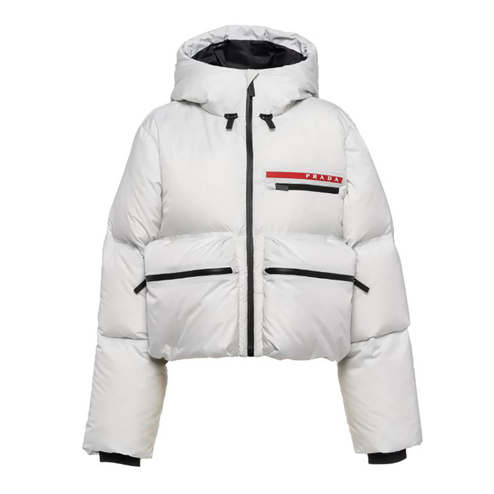 Front view of Prada Women Light Polyester Puffer Jacket-White on mannequin
