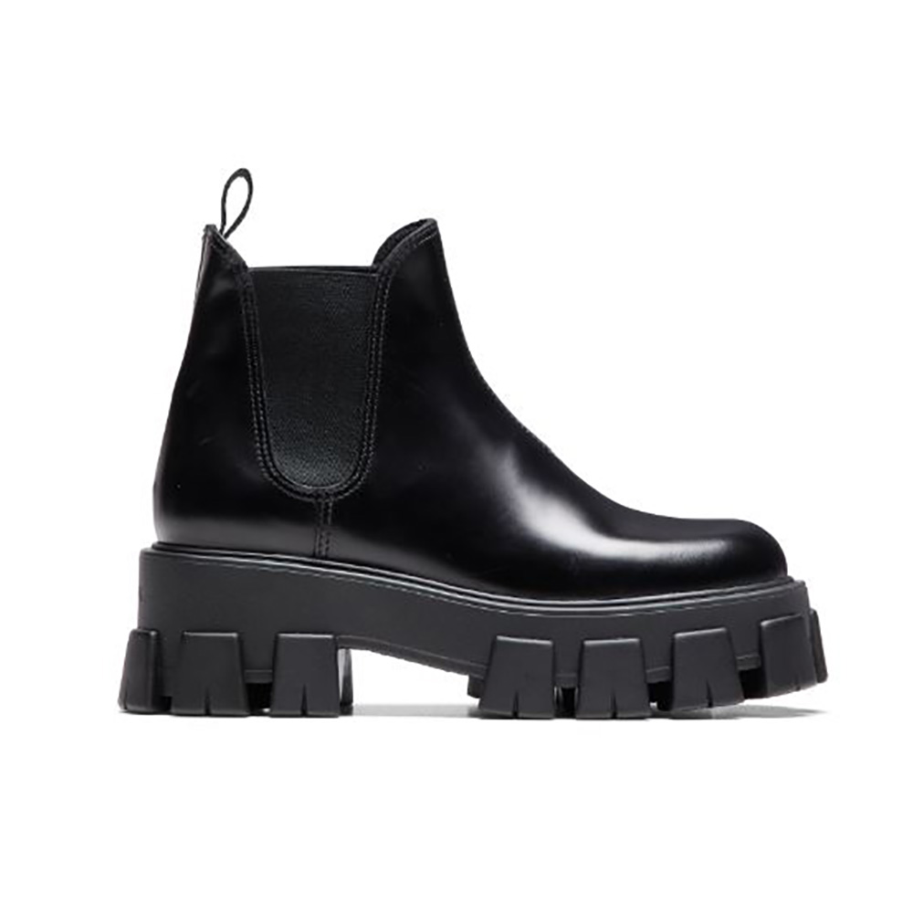 Side view of Prada Women Monolith Brushed Leather Booties showing silhouette