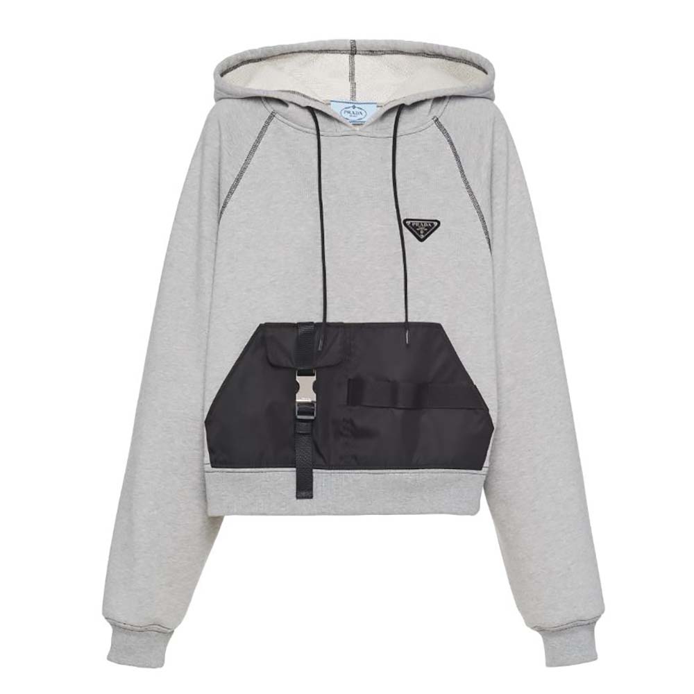 Front view of Prada Women Oversized Hoodie with Re-Nylon Inserts in silver