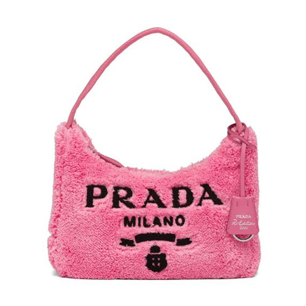Front view of Prada Women Re-Edition 2000 Terry Mini-Bag-Pink with logo plaque