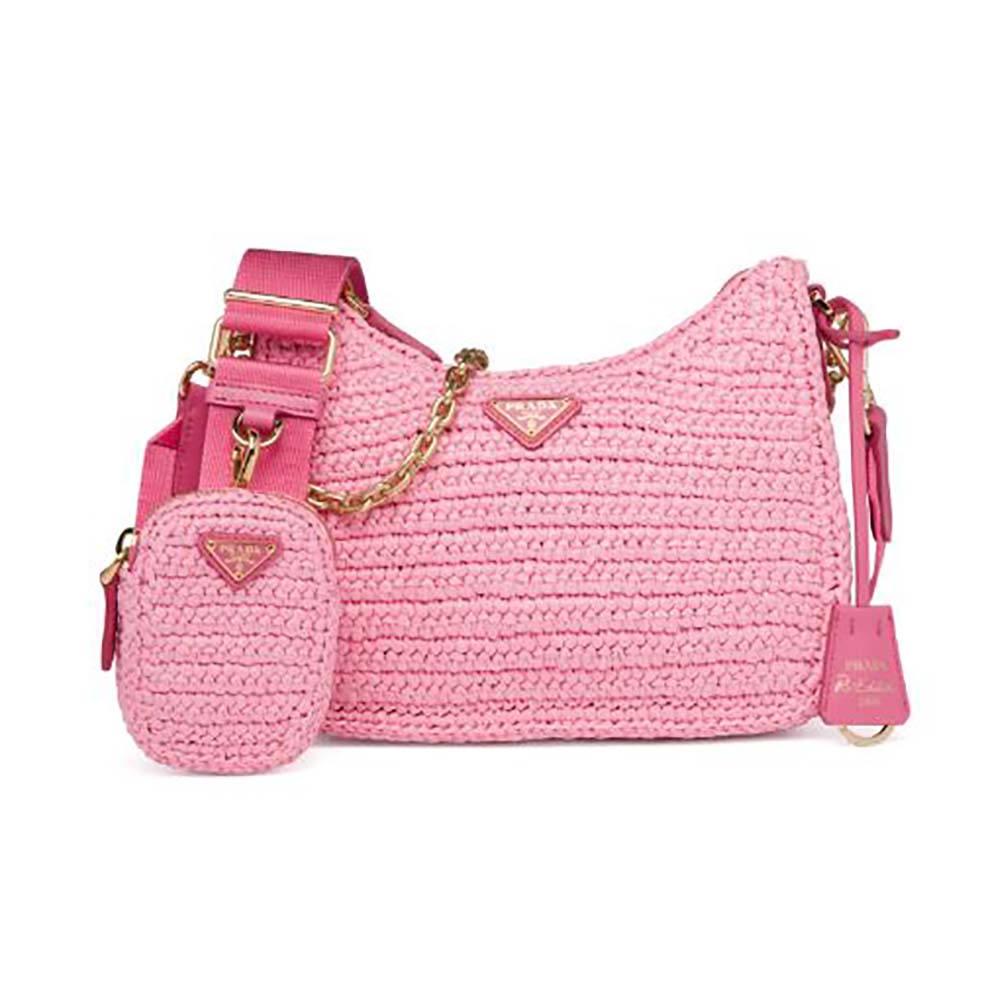 Front view of Prada Women Re-Edition 2005 Raffia Bag-Pink showing woven texture