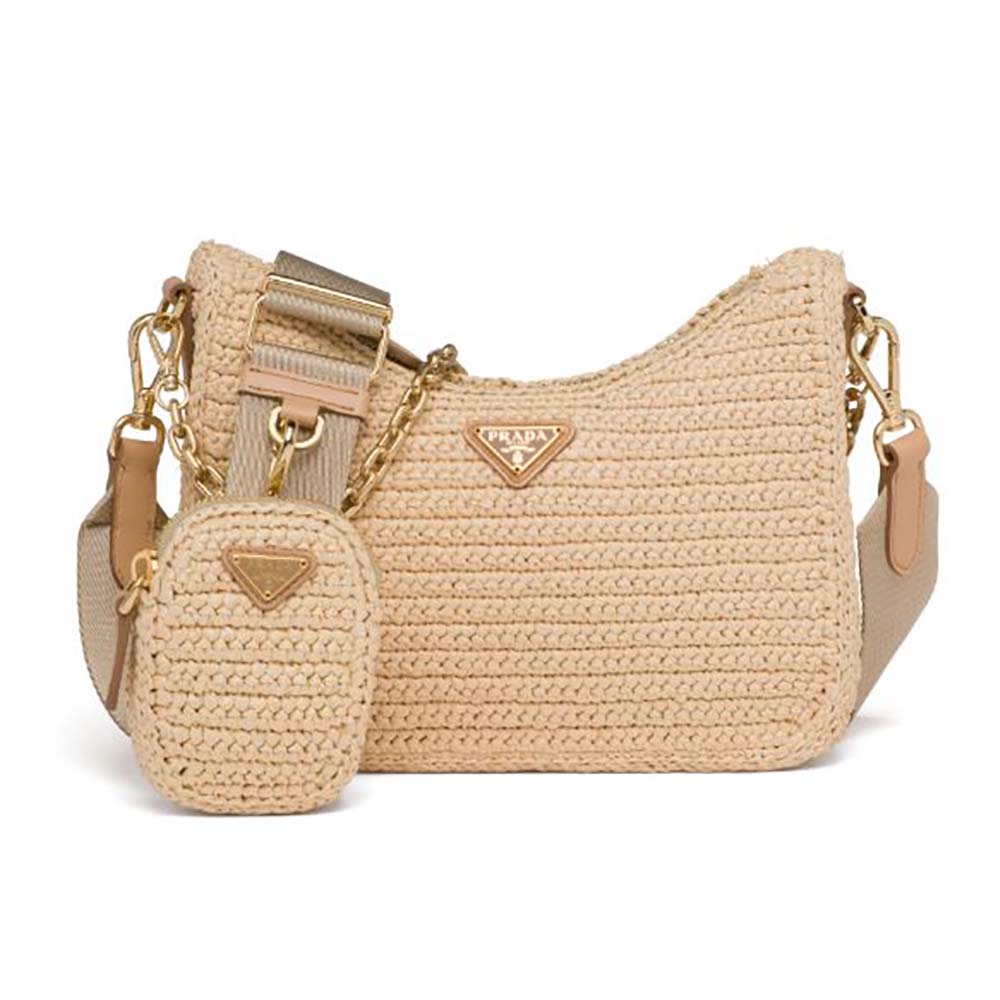 Front view of Prada Women Re-Edition 2005 Raffia Bag-Natural showing woven texture