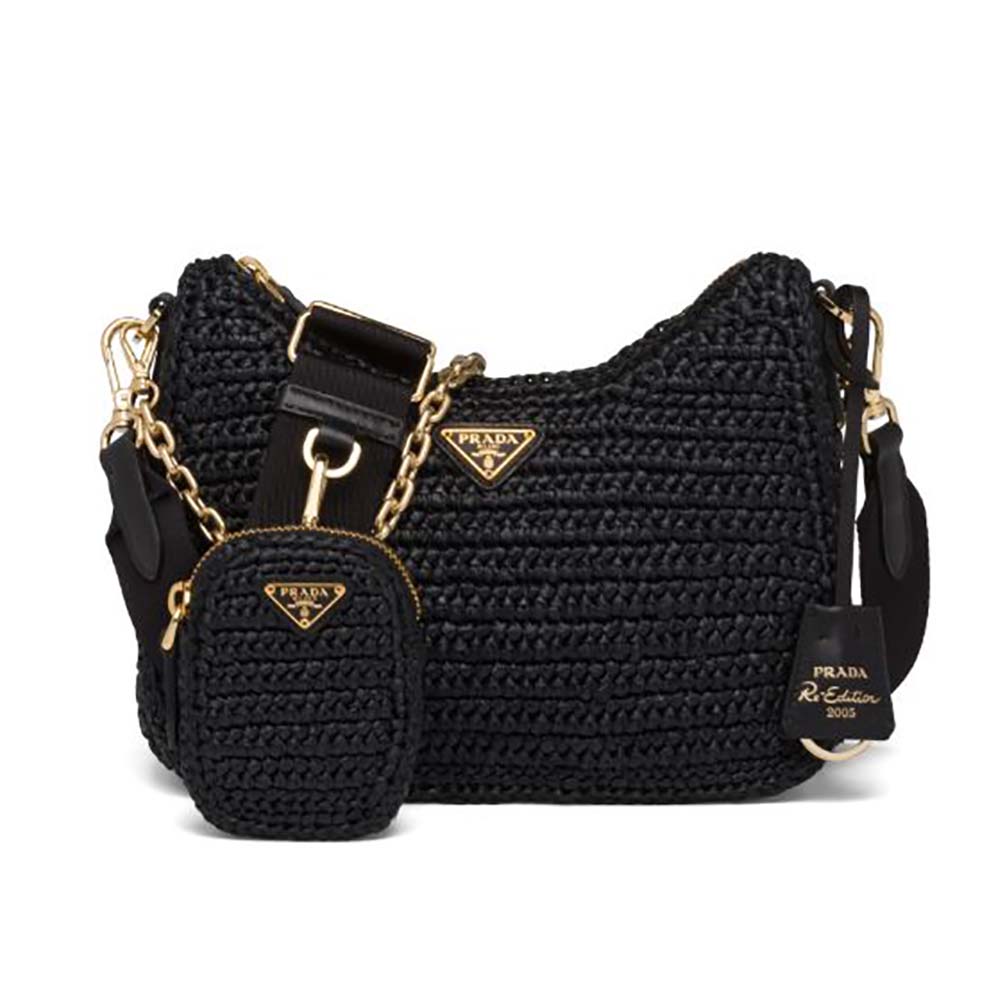 Front view of Prada Women Re-Edition 2005 Raffia Bag-Black showing clasp
