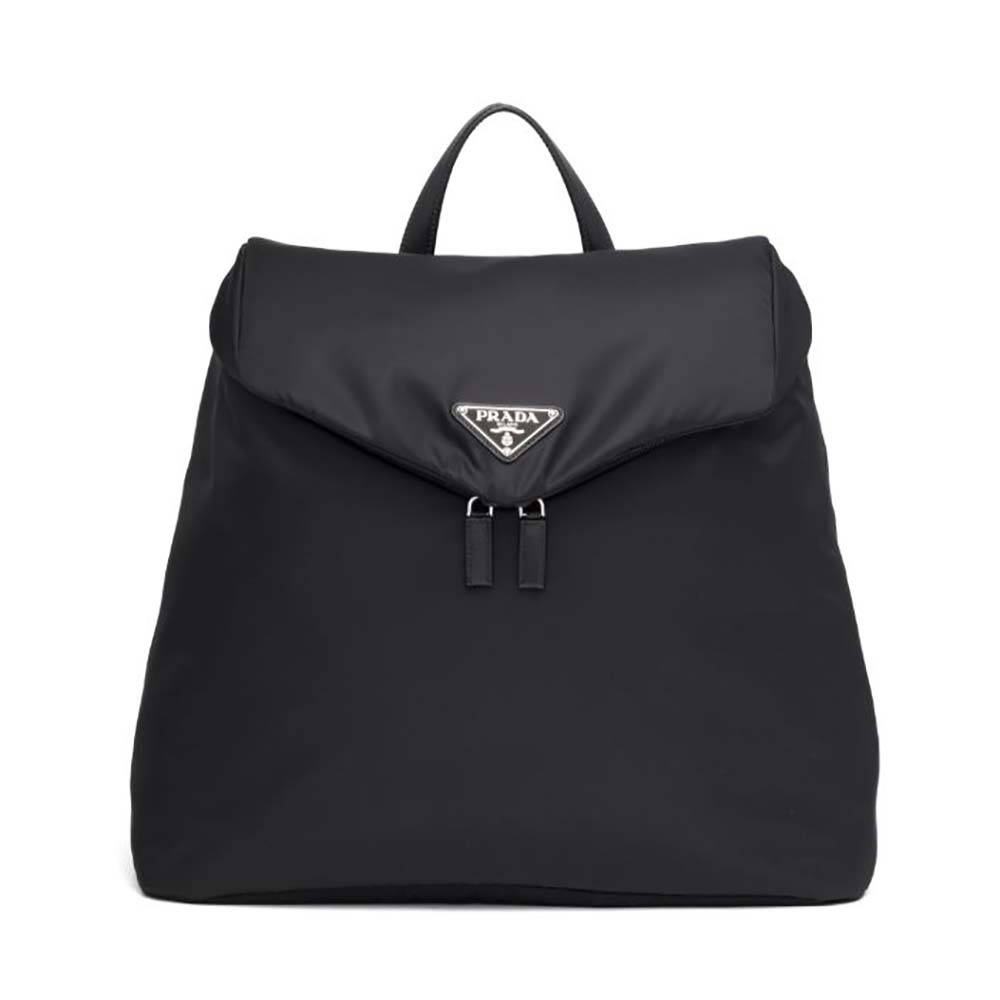 Front view of Prada Women Re-Nylon and Leather Backpack in black