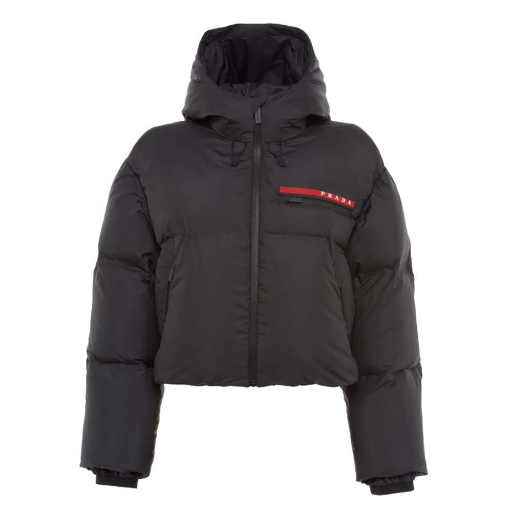 Front view of Prada Women Technical Nylon Puffer Jacket-Black showing zipper
