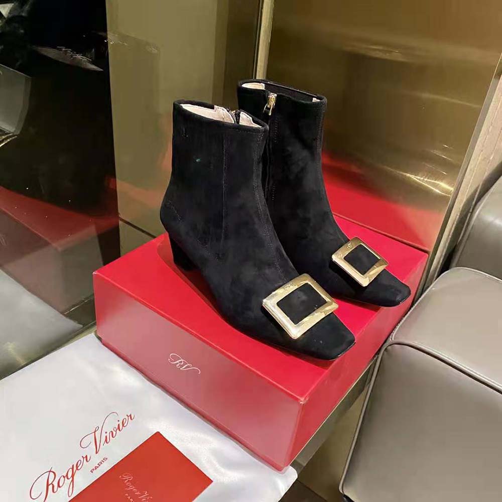 Top-down view of black suede Roger Vivier Women Belle Vivier Metal Buckle Chelsea Booties