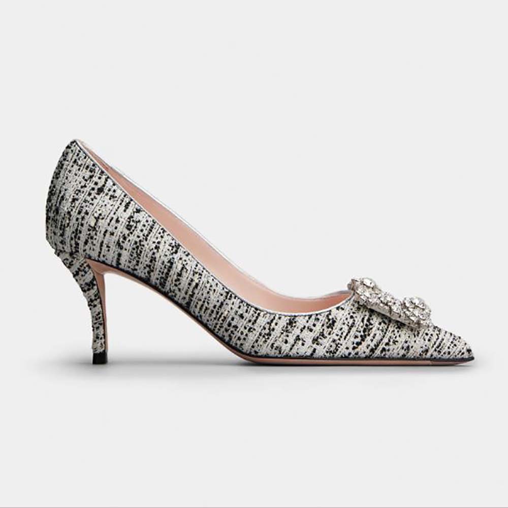Side view of Roger Vivier Women Flower Strass Buckle Pumps in Fabrics black
