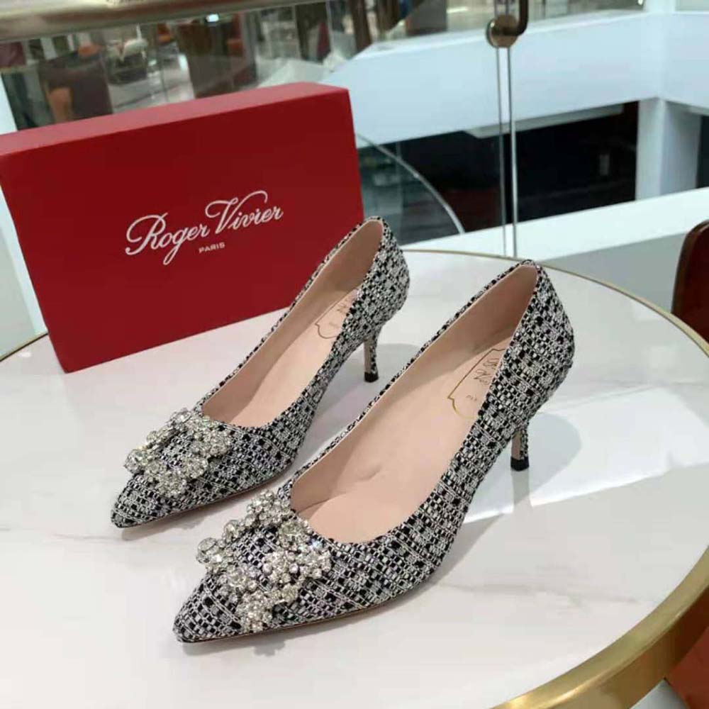 Top angle showing fabric texture and sleek heel of Roger Vivier pumps