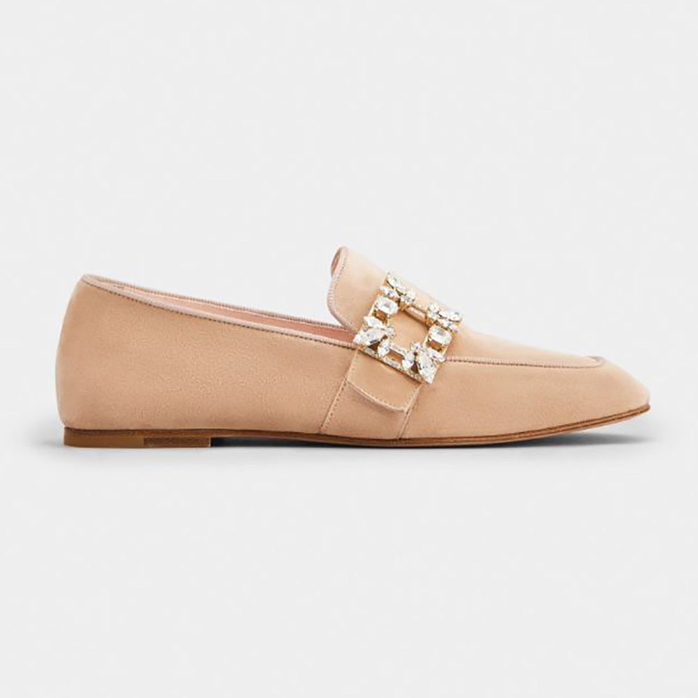 Side angle of Roger Vivier Women Mini Broche Vivier Buckle Loafers in Suede