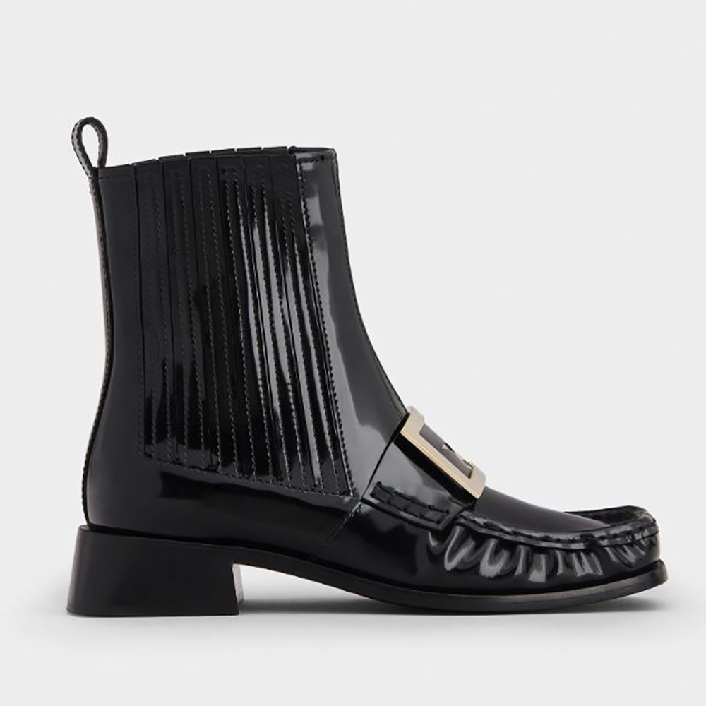 Side view of Roger Vivier Women Preppy Viv’ Metal Buckle Chelsea Booties in patent leather