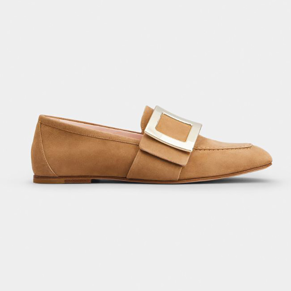 Side view of Roger Vivier Women Soft Metal Buckle Loafers in Brown Suede