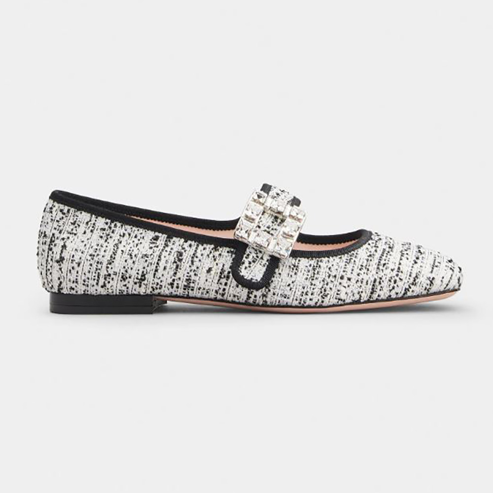 Side view of Roger Vivier Women Tres Vivier Strass Buckle Babies Ballerinas in White fabric