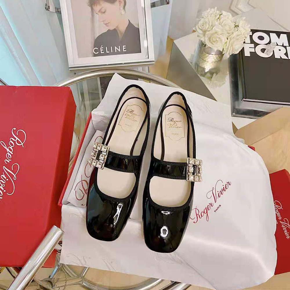 Top view showcasing black patent leather and rounded silhouette