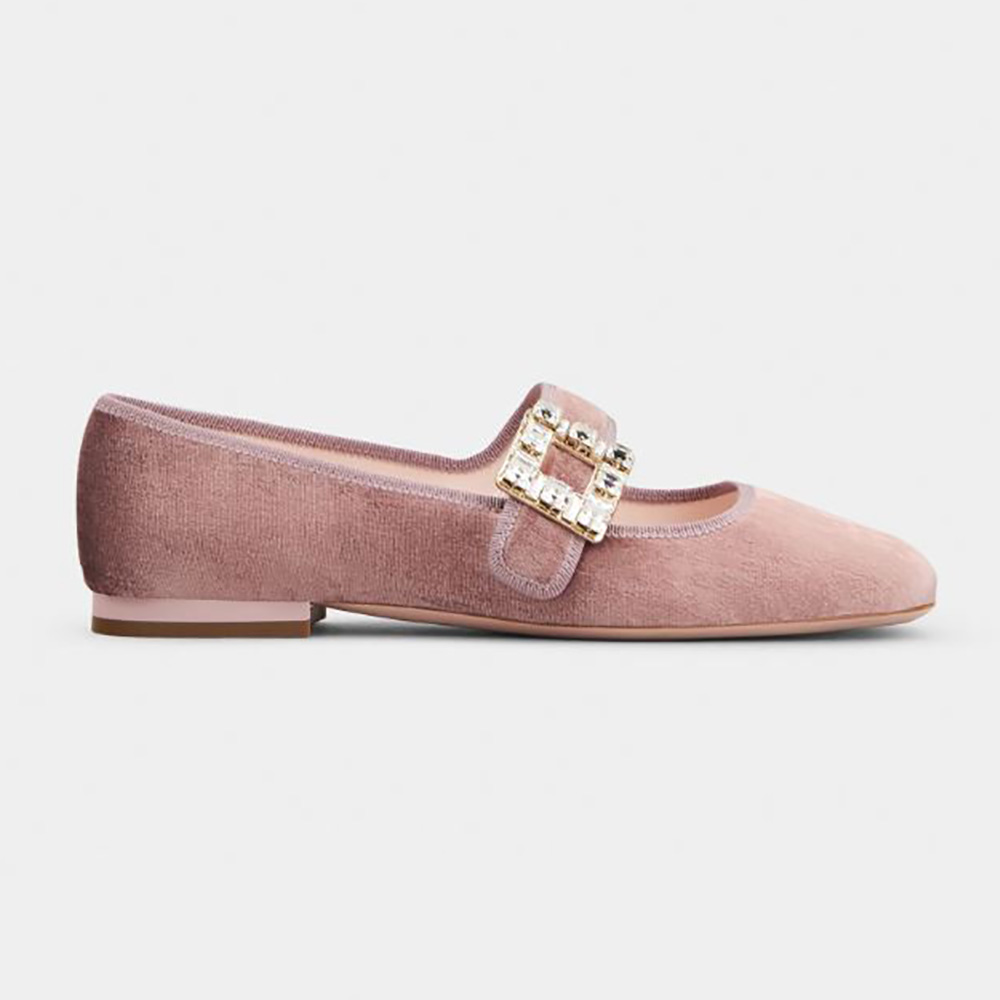 Side profile of Roger Vivier Women Tres Vivier Strass Buckle Babies Ballerinas in Pink Velvet