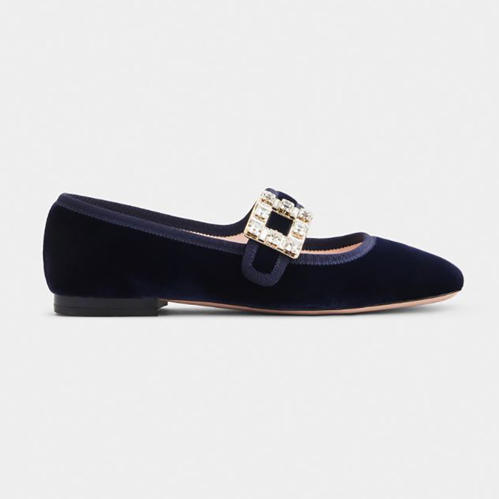 Side view of Roger Vivier Women Très Vivier Strass Buckle Babies Ballerinas in Velvet navy