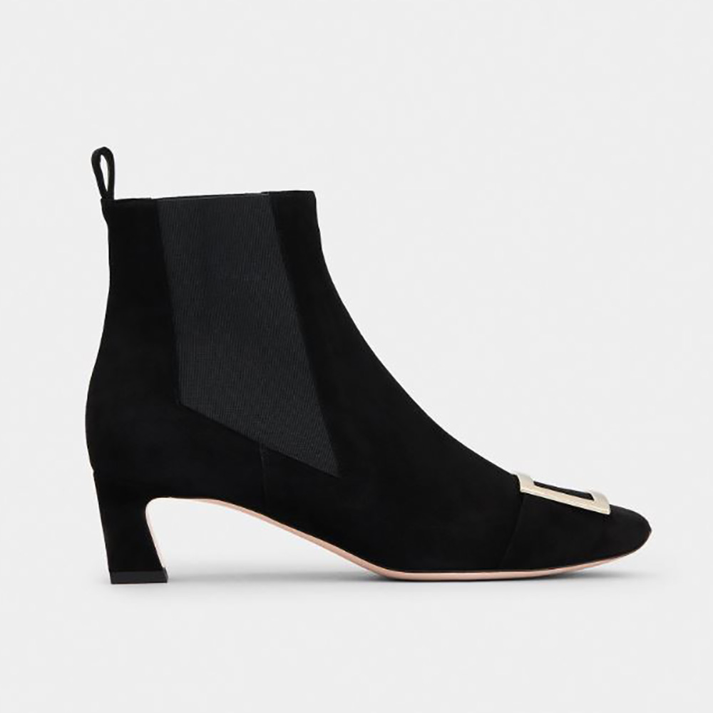 Side profile of Roger Vivier Women Trompette Metal Buckle Chelsea Booties in black suede