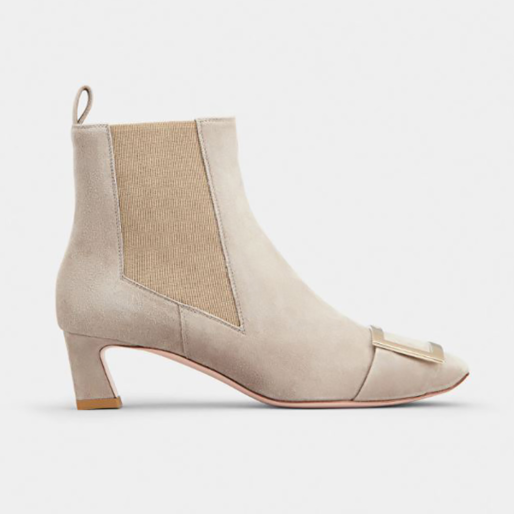Side view of Roger Vivier Women Trompette Metal Buckle Chelsea Booties in Suede-Beige