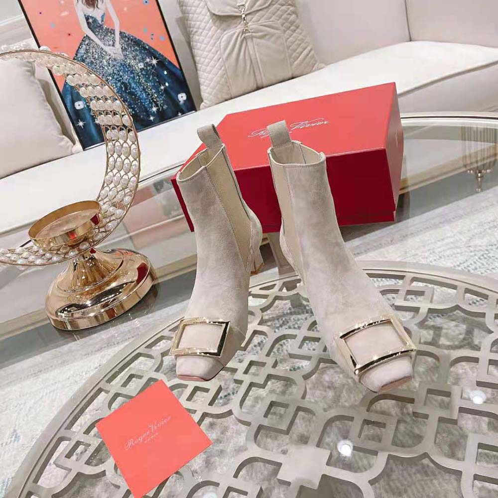 Top-down angle showing suede texture on Roger Vivier Trompette Chelsea Booties