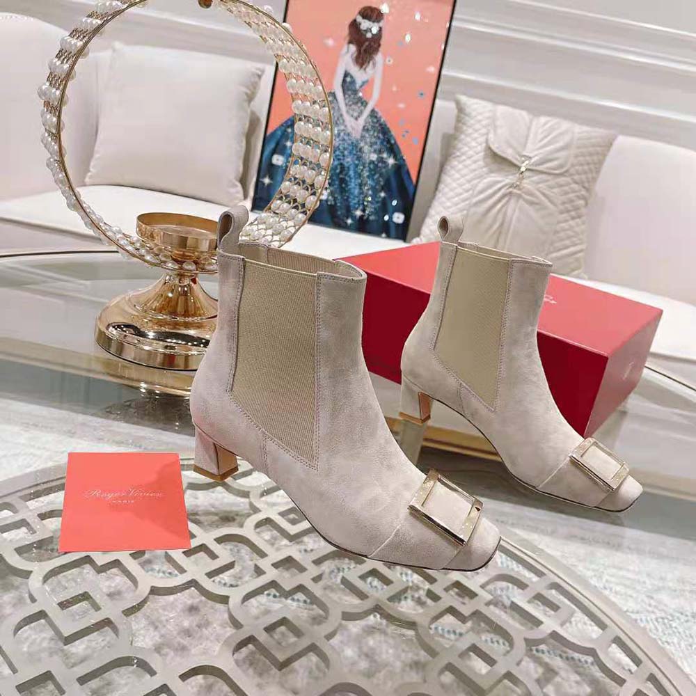 Roger Vivier Women Trompette Metal Buckle Chelsea Booties in Suede-Beige - image 4