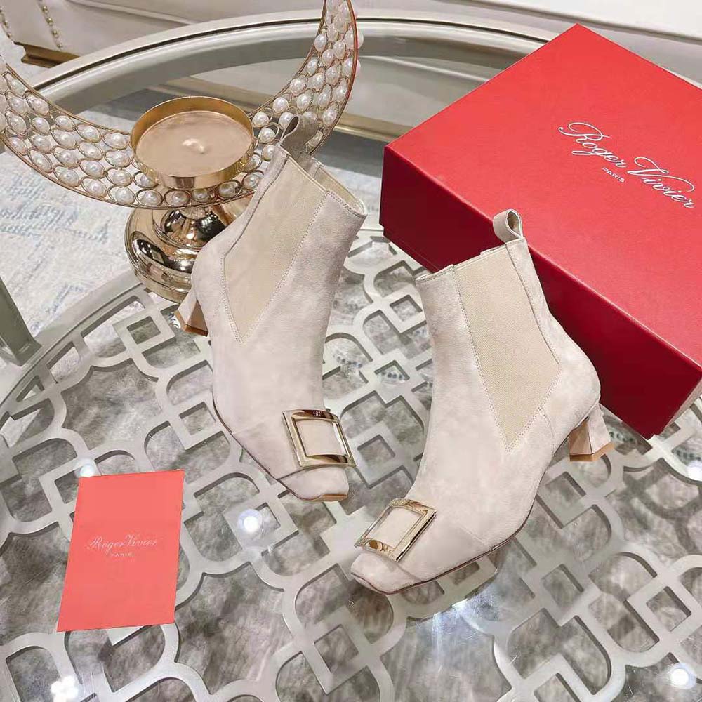 Roger Vivier Women Trompette Metal Buckle Chelsea Booties in Suede-Beige - image 6