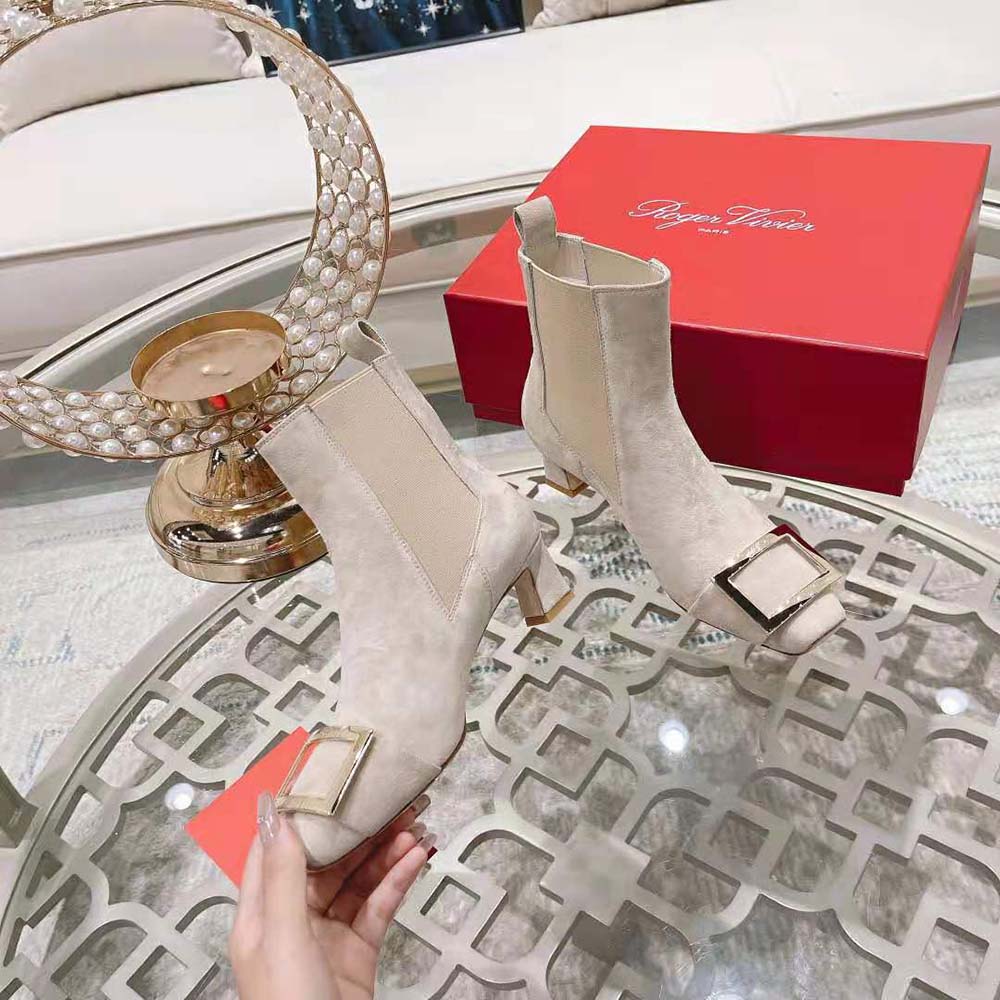 Roger Vivier Women Trompette Metal Buckle Chelsea Booties in Suede-Beige - image 5