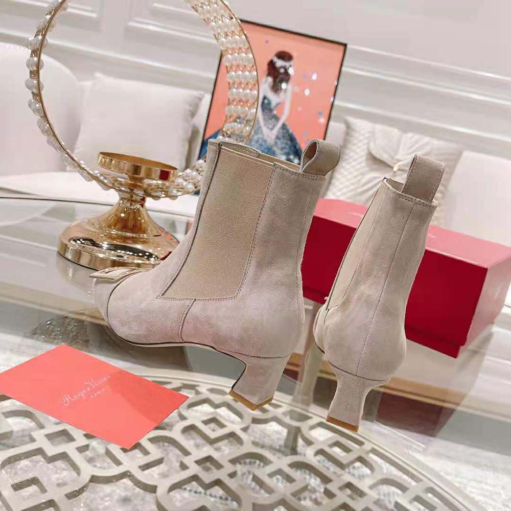 Roger Vivier Women Trompette Metal Buckle Chelsea Booties in Suede-Beige - image 7